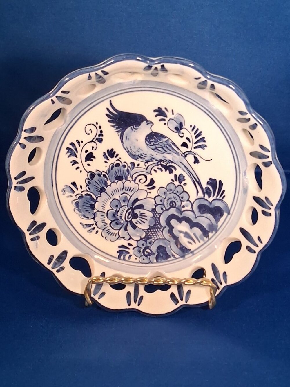 Vintage (1970-1990s) Delft Blue Handwork Pierced Reticulated Heart Border Plate